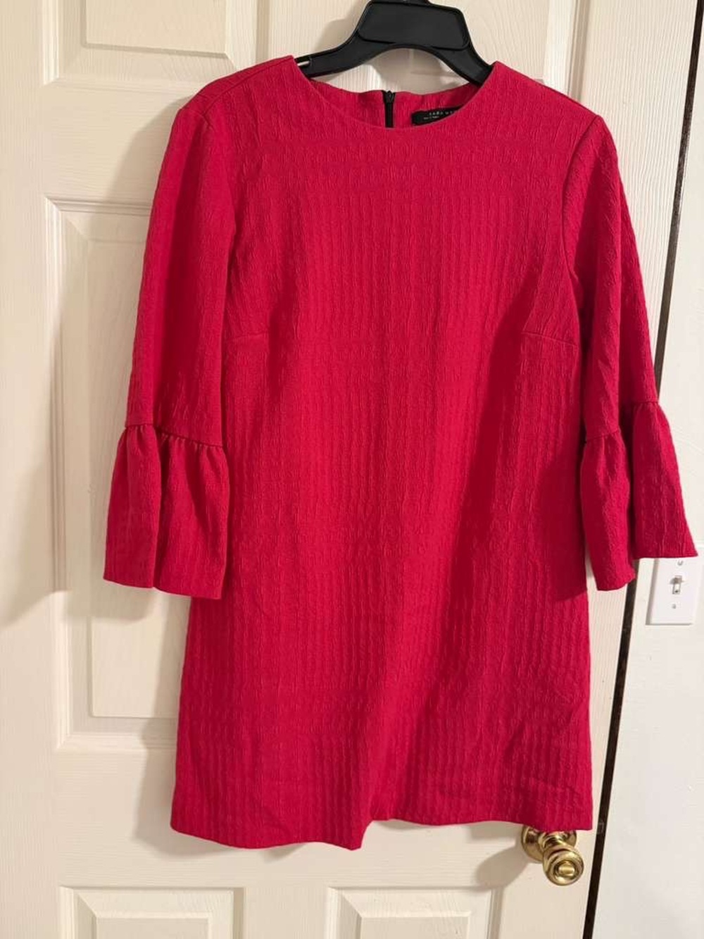 Bright Pink Women's Shift Dress with Bell Sleeves - Picture 3 of 5